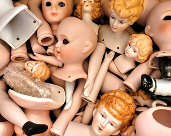 Doll parts lot, mixed mystery box, diy OOAK art doll, Assemblage altered art, grab bag, porcelain, plastic, arms legs heads, Halloween decor