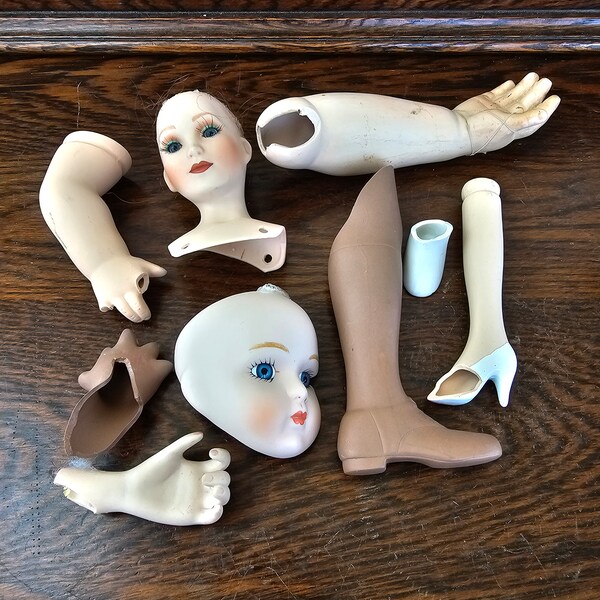 Broken vintage doll parts lot porcelain doll heads Assemblage altered art supplies junk drawer mixed doll parts, creepy old parts and pieces