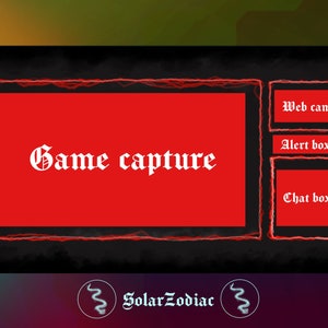 May include: A black and red Twitch stream overlay with the text "Game capture" in white. The overlay has sections for a webcam, alert box, and chat box.