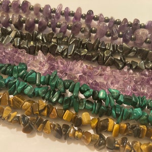 Semi Precious Stone Chip Necklaces- Amethyst, Hematite, Tiger’s Eye, and Malachite.