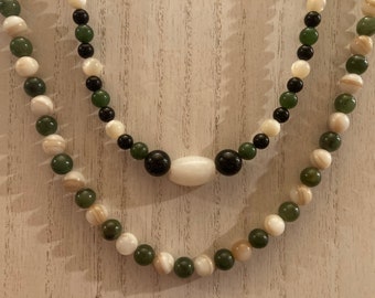 Mother of Pearl Necklaces with Jade, Obsidian, and Agate