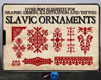 May include: A collection of over 100 Slavic ornaments in red on a beige background. The ornaments are intricate and detailed, and they would be perfect for use in graphic design, illustration, or tattoo art.