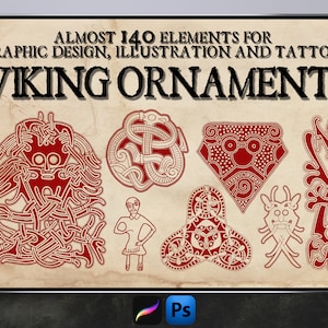 Op de afbeelding: Een digitale illustratie van rode en witte Viking-versieringen. De afbeelding bevat een verscheidenheid aan ontwerpen, waaronder knoopwerk, dieren en geometrische patronen. De tekst "Almost 140 elements for graphic design, illustration and tattoos Viking Ornaments" staat bovenaan de afbeelding.