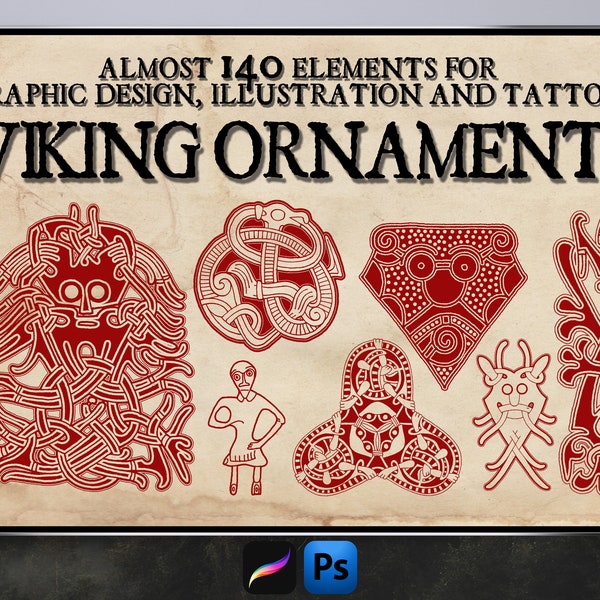 VIKING ORNAMENTS Vol.1 almost 140 brush stamps for Photoshop and Procreate tattoo decors motifs vikings pagan bundle set decorations knot