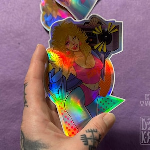 BoomBox Radio Retro Vintage New York Dance Party Girl Pin up Music Rock Metal VINYLE HOLOGRAPHIC STICKER journal journal portable bouteille holo