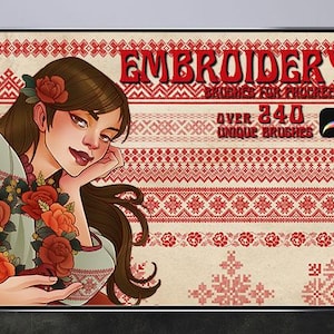 Puede incluir: Ilustración digital en pantalla de tableta que muestra "Embroidery Brushes for Procreate". La imagen presenta a una mujer con flores y un patrón tradicional rojo y beige. El texto dice "Over 240 Unique Brushes."