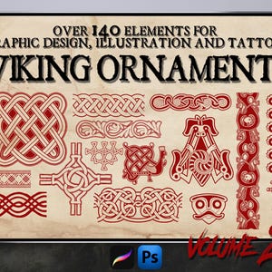 Puede incluir: Una colección de más de 140 diseños de ornamentos vikingos en rojo y blanco. Los diseños incluyen nudos, animales y patrones florales. El texto "VIKING ORNAMENTS VOLUME 2" está en la parte superior de la imagen.