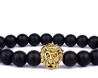 Natural Black Matte Onyx Agate Lucky Stone Lion Head Spiritual Energy 8 MM Beads Bracelet Fits all Men Women stretchable size
