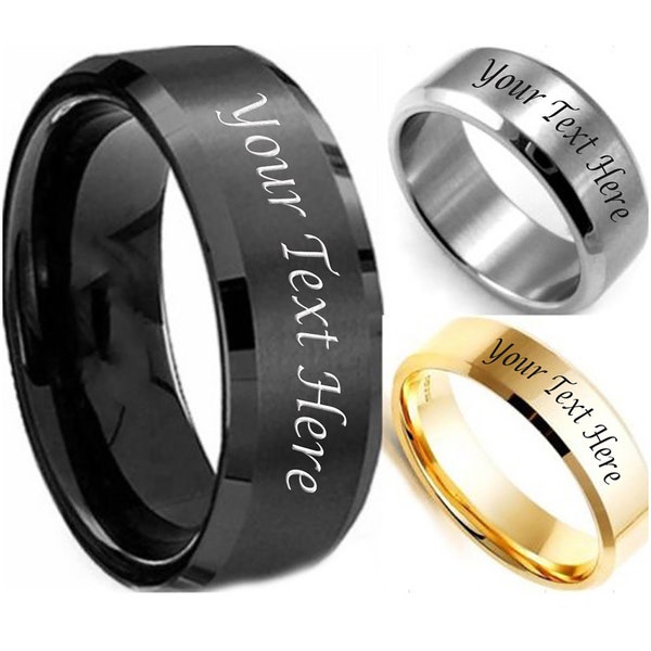 Free Engraving Personalized Custom 8MM Stainless Steel Plain Band Ring for Men, Black/Gold Plated/Silver