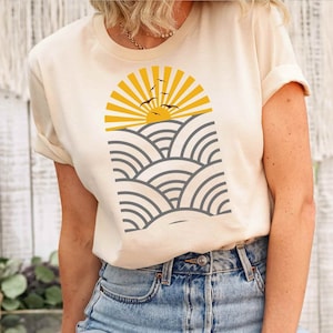 Boho sunset t-shirt, Minimalist t-shirt, Neutral Landscape, Adventure t-shirt, Abstract Mountain and Sun t-shirt