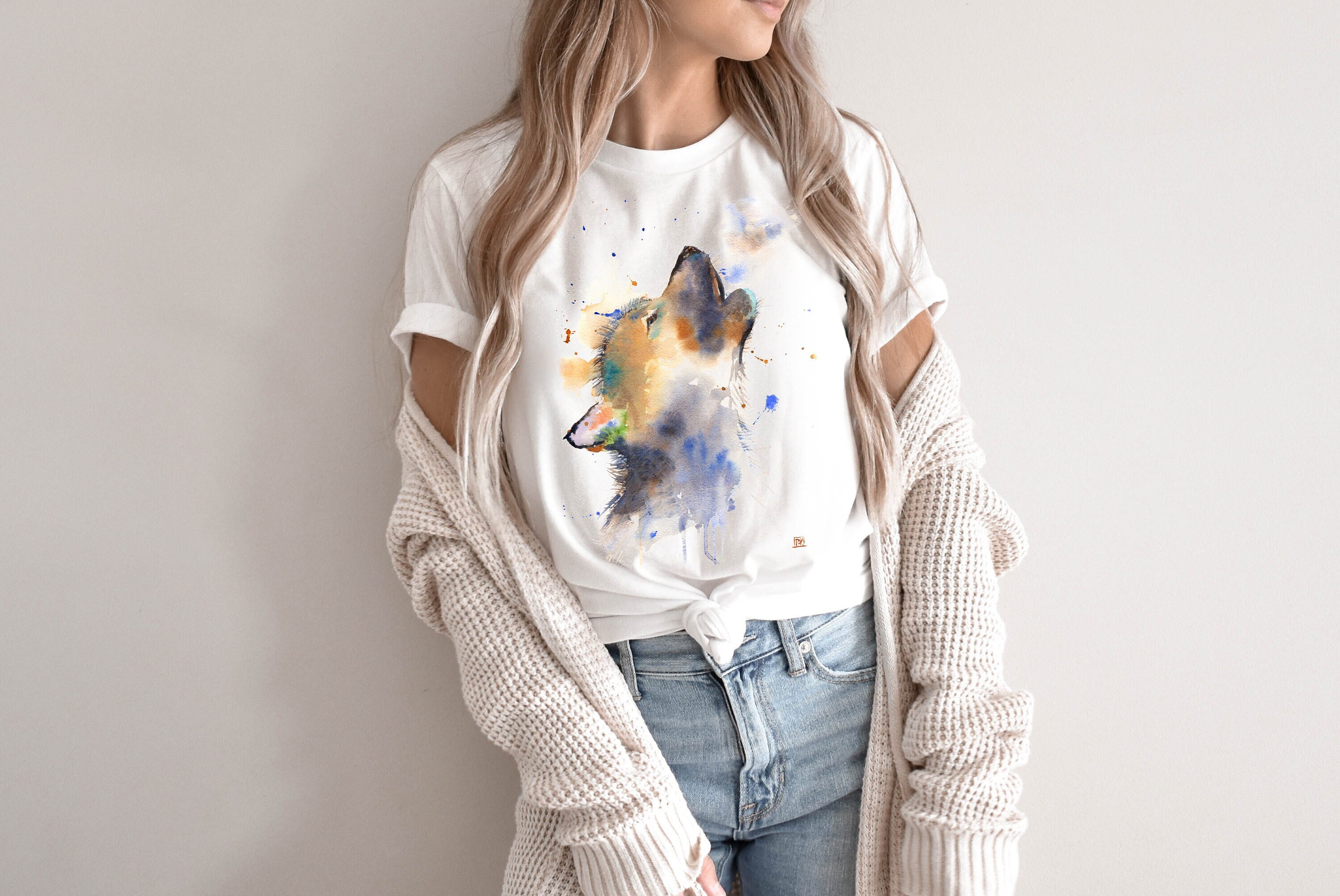 Chemise loup, loup hurlant, loup floral, cadeau pour amoureux des