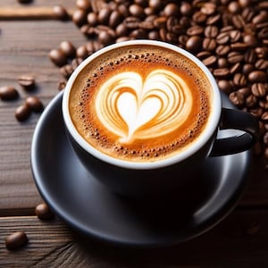 May include: A close-up of a cup of coffee with a heart-shaped design in the foam. The coffee is in a white cup with a black handle and is sitting on a black saucer. The cup is surrounded by coffee beans on a wooden surface.