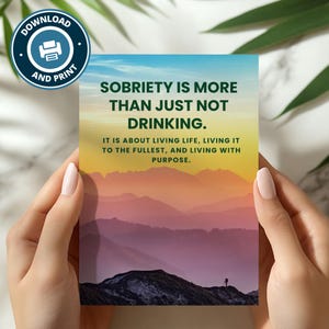 Cartão com citação sobre sobriedade para impressão | Recovery Mountain Sunrise | Download digital | Presente com propósito de vida sóbria | Cartões de apoio à recuperação de dependência química
