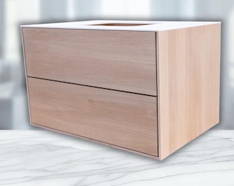 Waschtischunterschrank Eiche Opaque White – Sonderanfertigung mit 6 mm Corianplatte & Ausschnitt