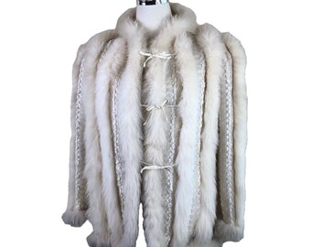 Vintage Schjelde Fox Fur Jacket Womens Medium White Ivory Mohair Ribbon Stripe