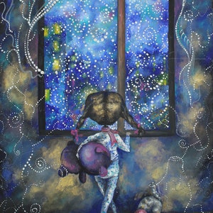 Pintura a óleo de inverno aconchegante arte original 10x18 janela de conto de fadas neve floco de neve presente de natal berçário menina interior arte de parede arte infantil