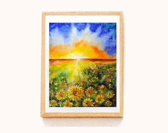 Ukrainian Sunflower Field Landscape Watercolor Painting Original Art 11x8 Yellow Flowers Blue Sky Ukraine Nature Folk Art Interior Art Decor