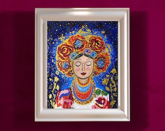 Ukrainian Women Oil Painting Original Canvas Art 15x20 Flowers Crown Beads Necklaces Folk Art Embroidered Shirt Ukraine Artist