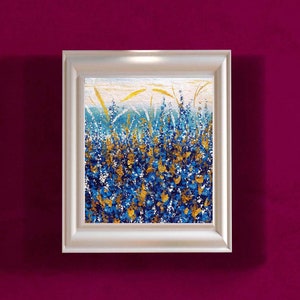 Pintura al óleo de campo de flores silvestres ucranianas, arte original, acianos, obra de arte dorada, arte de flores, 8 x 10, arte popular, Волошкове Поле, regalo de Ucrania