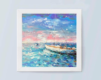 Seascape Original Oil Painting Sailboat Wall Art Boat Artwork Ocean Nautical Home Decor Sea Wall Art 8 x 8 Interior Painting