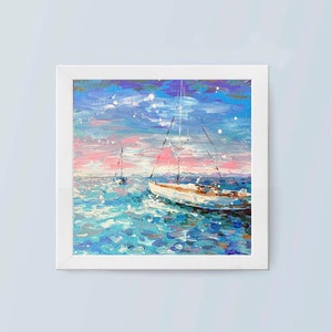 Seascape Original Oil Painting Sailboat Wall Art Boat Artwork Ocean Nautical Home Decor Sea Wall Art 8 x 8 Interior Painting