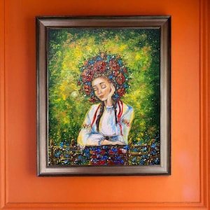 Ukrainische Mädchen Ölgemälde Originale Leinwand Kunst 19 von 15 Ukraine Frauen Kunstwerk Wildblumen Kranz Blumen Wishiwanka Volkskunst Oksana Portrait
