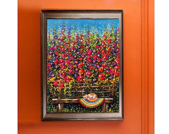 Cute Ginger Cat Oil Painting Original Canvas Art 6 by 8 Ukrainian Folk Art Mallow Flowers Interior Wall Decor Ukraine Artist Lovely Gift