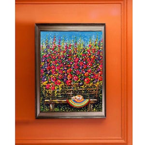 Pintura a óleo de gato gengibre fofo, arte em tela original 5 por 7, arte popular ucraniana, flores de malva, decoração de parede interior, artista da ucrânia, lindo presente