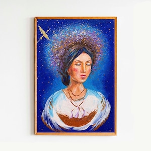 Oekraïense vrouw olieverfschilderij originele canvas kunst 5 bij 7 Oekraïne meisje bloemen krans Україна Vyshyvanka Leleka ooievaar moeder goud glans decor