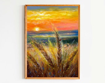 Wheat Oil Painting Original Canvas Art 8x12 Ukraine Landscape Wildflowers Field Folk Art Interior Wall Art Decor Ukrainian Sunset Ladybird