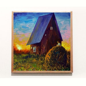 Ukrainian Village Landscape Oil Original Painting Wall Canvas Art 8 by 8 Ukrainian Nature Artwork Summer Sunset Art Field Art Decor Folk Art