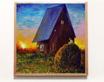 Village Sunset Landscape Oil Painting Original Wall Canvas Art 8 by 8 Ukrainian Folk Art Summer Life Cozy Decor Country Home