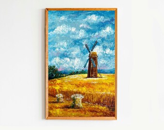 Ukrainian Field Landscape Oil Original Painting Wall Canvas Art 8 by 12 Mill Wheat Sheaf Yellow Wheat Blue Sky Ukraine Folk Art Україна
