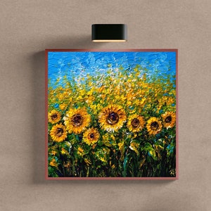 Ukrainian Sunflowers Oil Original Painting Canvas Art Flowers Artwork 8 by 8 Wildflowers Folk Art Picture Wall Decor Ukraine Gift