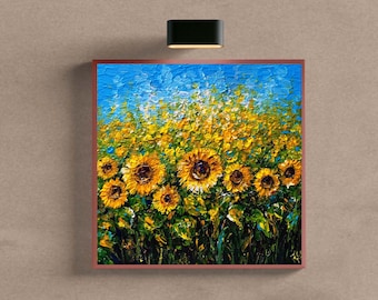 Ukrainian Sunflowers Oil Original Painting Canvas Art Flowers Artwork 8 by 8 Wildflowers Folk Art Picture Wall Decor Ukraine Gift