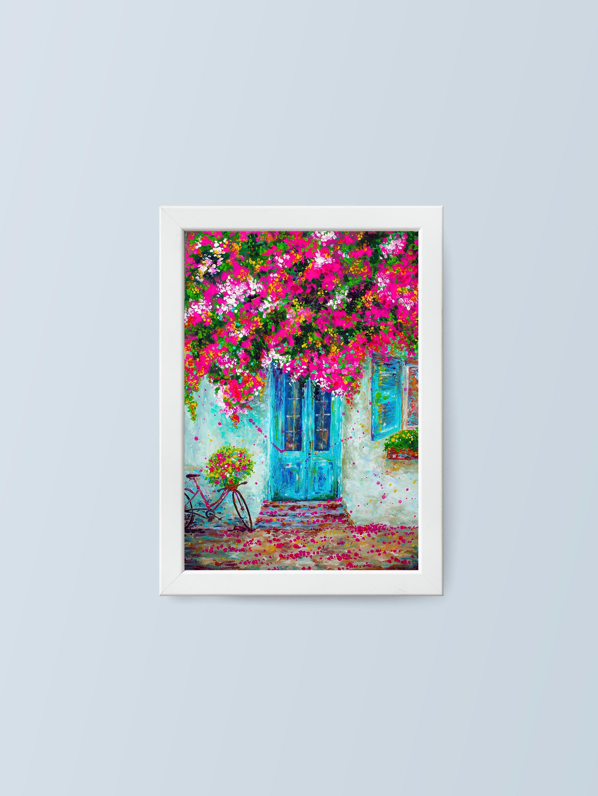 Wooden Door With Flowers, Cozy Greek Street With Bicycle, Original
