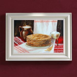 May include: A painting of a stack of thin, brown pancakes, a pitcher of milk, a bowl of cream, and a spoon on a white tablecloth with red and white embroidered trim.