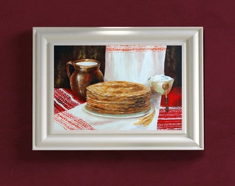 Ukrainian Pancakes Oil Original Painting Wall Canvas Art 8 by 12 Ukraine Food Mlintci Млинцi Folk Art Vyshyvka Rushnik Embroidered Towel