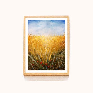 Dipinto ad acquerello di campo ucraino Arte originale Paesaggio ucraino 6 x 8 Grano giallo Cielo blu Papavero rosso Arte popolare Decorazione artistica da parete per interni