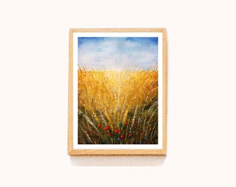 Ukrainian Field Watercolor Painting Original Art Ukraine Landscape 6 x 8 Yellow Wheat Blue Sky Red Poppy Folk Art Interior Wall Art Decor
