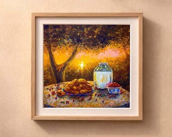 Village Breakfast Oil Painting Original Art 8x8 Ukrainian Country Milk Kitchen Artwork Folk Art Home Baking Grandma Lovely Food