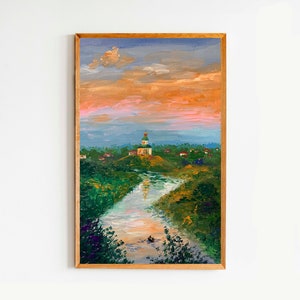 Evening Village Oil Original Painting Wall Canvas Art 8 by 12 Ukrainian Landscape Church River Country Art Interior Wall Decor Sunset Sky