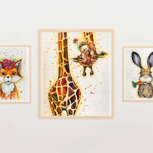 Conjunto de dibujo de acuarela de animales, conejo, zorro, jirafa, ilustración de bebé, retrato personalizado, decoración de guardería para mascotas, arte de acuarela para habitación de niños