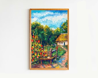 Ukrainian Landscape Oil Original Painting Wall Canvas Art 8 by 12 Ukraine House Mallow Flowers Wildflowers Folk Art Interior Wall Art Decor