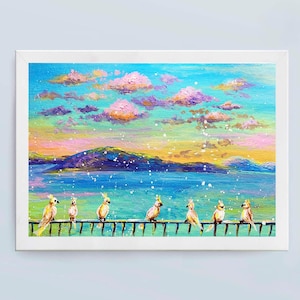 Parrots Oil Original Painting Wall Canvas Art 12 by 8 Seascape Ocean Landscape Maldives Haiti Art Bird Painting Tropical Beach Wall Art