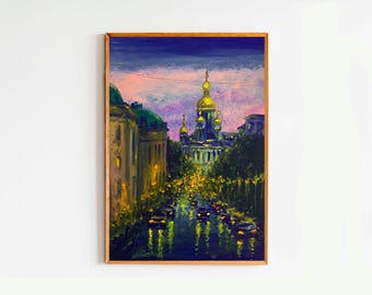 Kyiv Landscape Oil Painting Original Art 6 by 8 Sophia Cathedral Ukrainian Art City Lights Night Town Artwork Modern Ukraine Gift Love Kiev