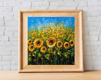 Sunflower Christmas Gift Oil Painting Original Art 8x8 Ukrainian Flowers Folk Art Yellow Floral Painting Ukraine Holiday Gift For Mom 2027