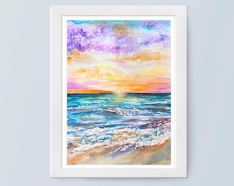 Dipinto ad acquerello di Sunrise Beach, opera d'arte originale, 8 x 11, tramonto sull'oceano, paesaggio marino, onda di vetro di mare, arte nautica, arte murale sulla spiaggia tropicale