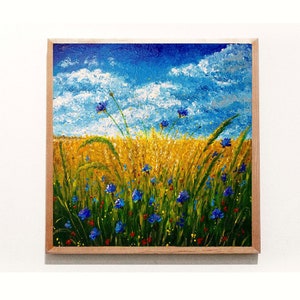 Wheat Field Oil Painting Original Canvas Art 12 by 12 Ukraine Landscape Wildflowers Folk Art Interior Wall Art Decor Ukrainian Art