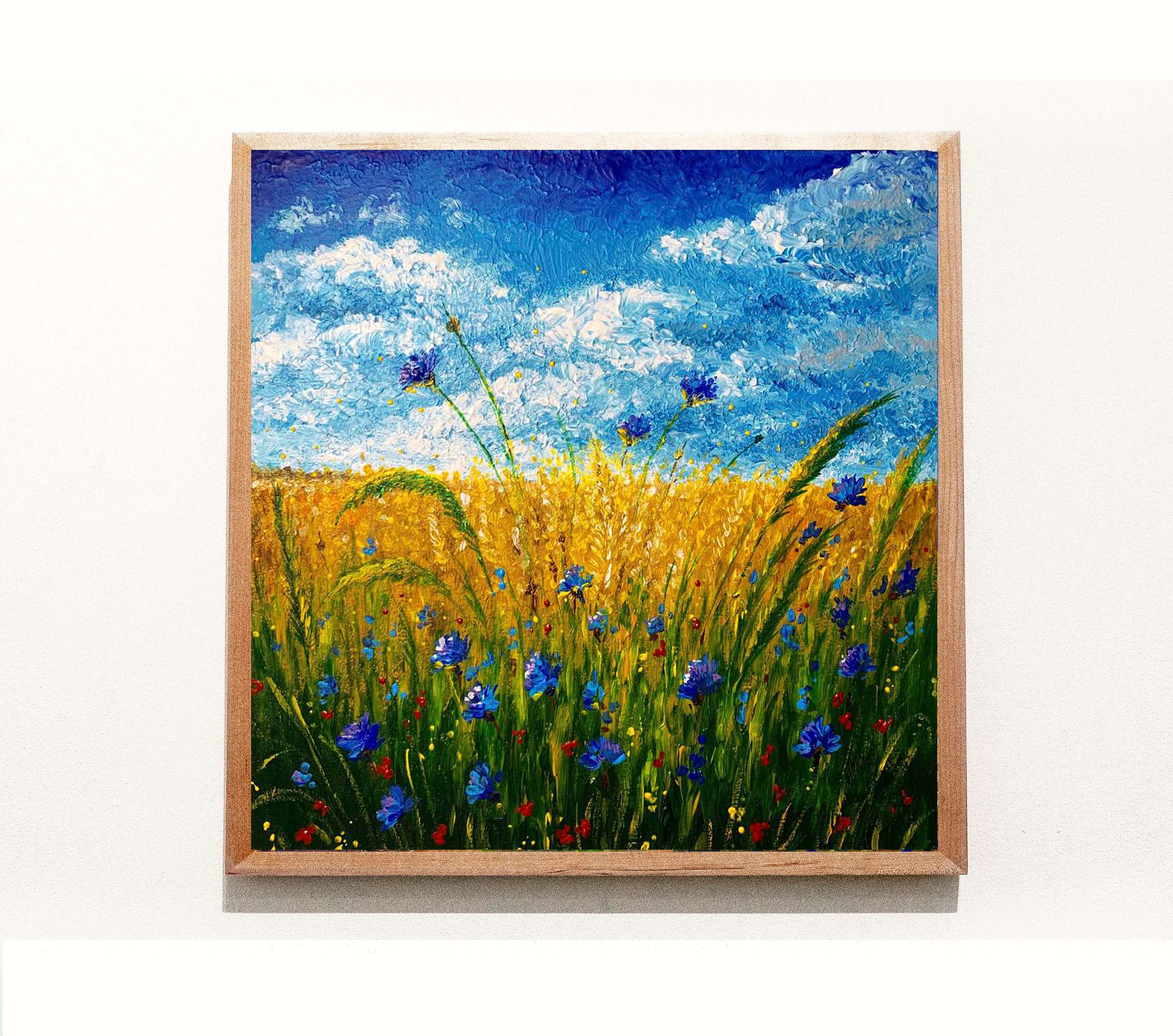 Wheat Field Oil Painting Original Canvas Art 12 by 12 Ukraine Landscape Wildflowers Folk Art Interior Wall Art Decor Ukrainian Art